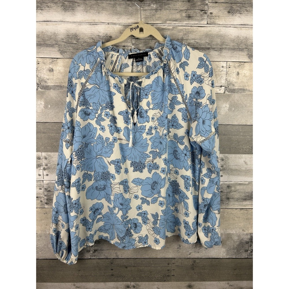 Sanctuary Women's Large Blue/white Long Sleeve Floral Blouse